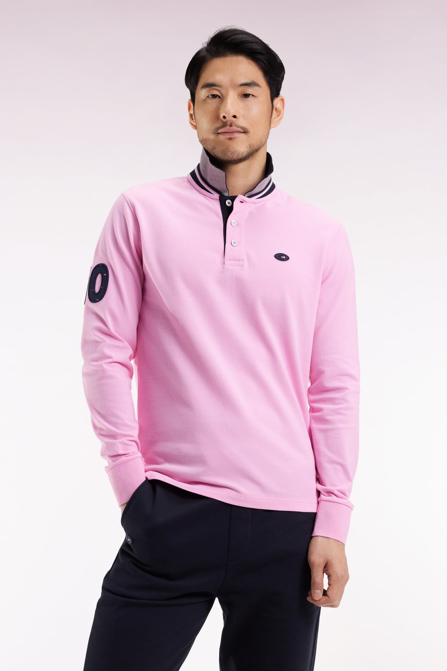 Polo à manches longues en coton rose brodé coupe droite