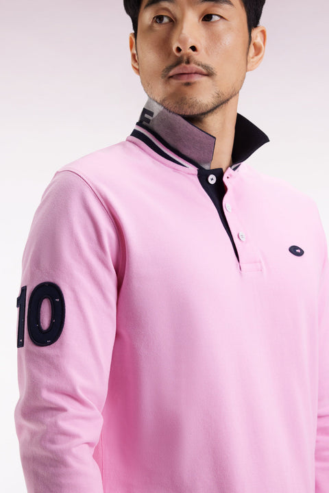 Polo à manches longues en coton rose brodé coupe droite - Image 3