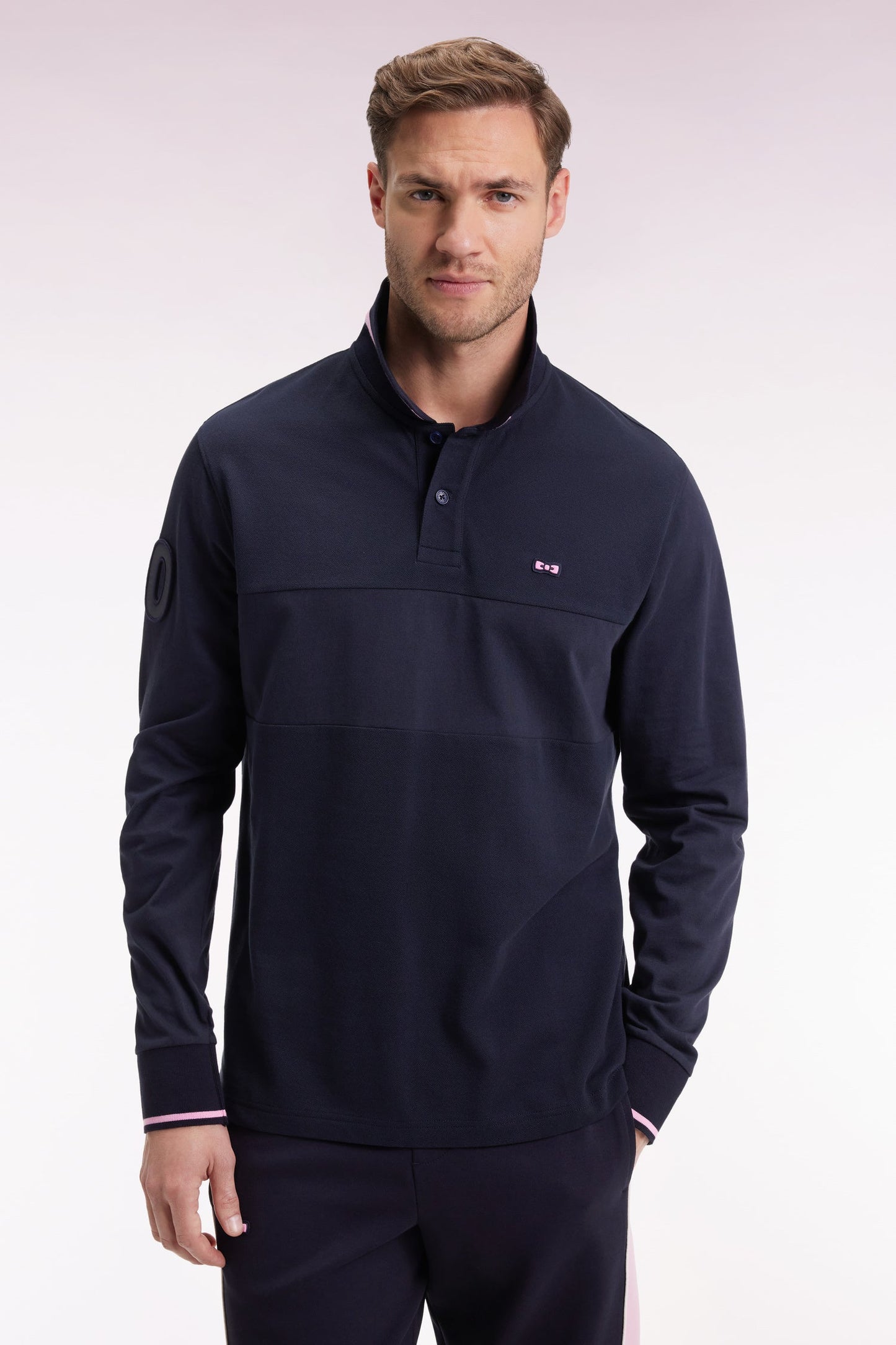 Polo à manches longues bimatière marine broderie 10 coupe Relaxed