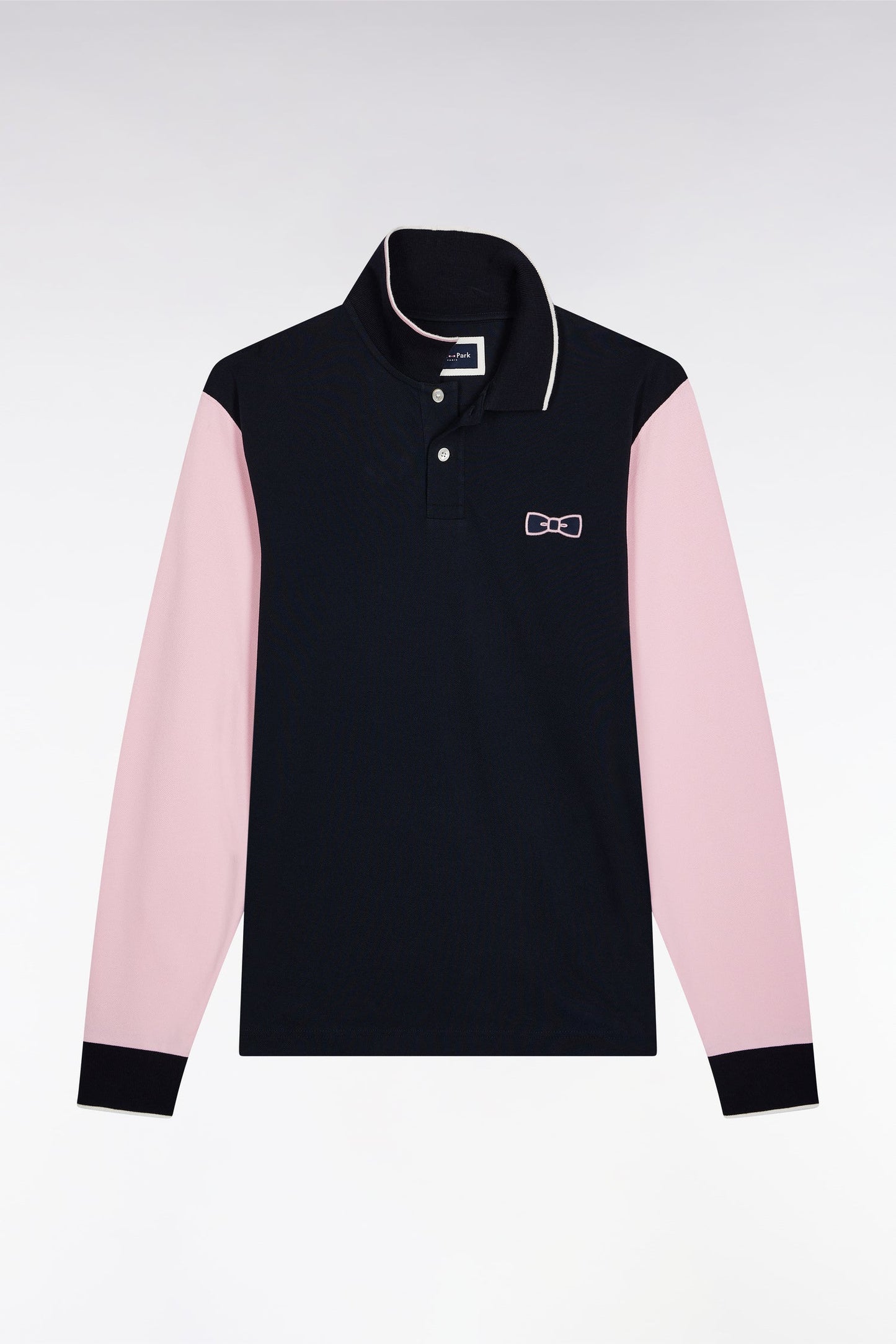 Polo à manches longues bicolore marine et rose à nœud papillon