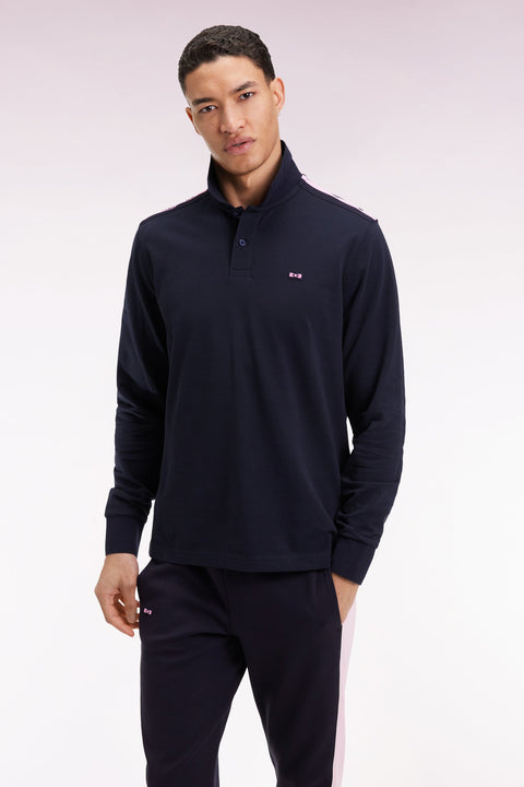 Polo à manches longues en piqué coton marine galon rose siglé - Image 1