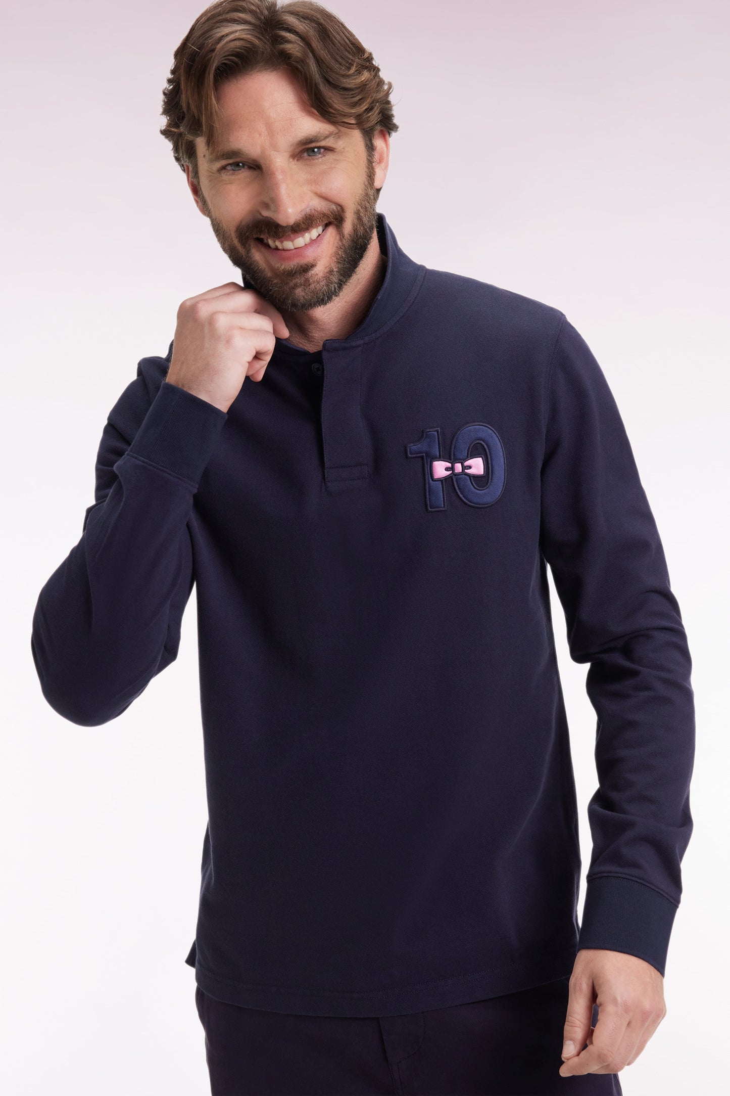 Polo à manches longues en piqué coton marine broderie 10
