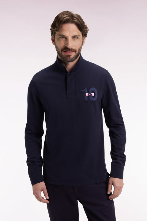 Polo à manches longues en piqué coton marine broderie 10 - Image 1