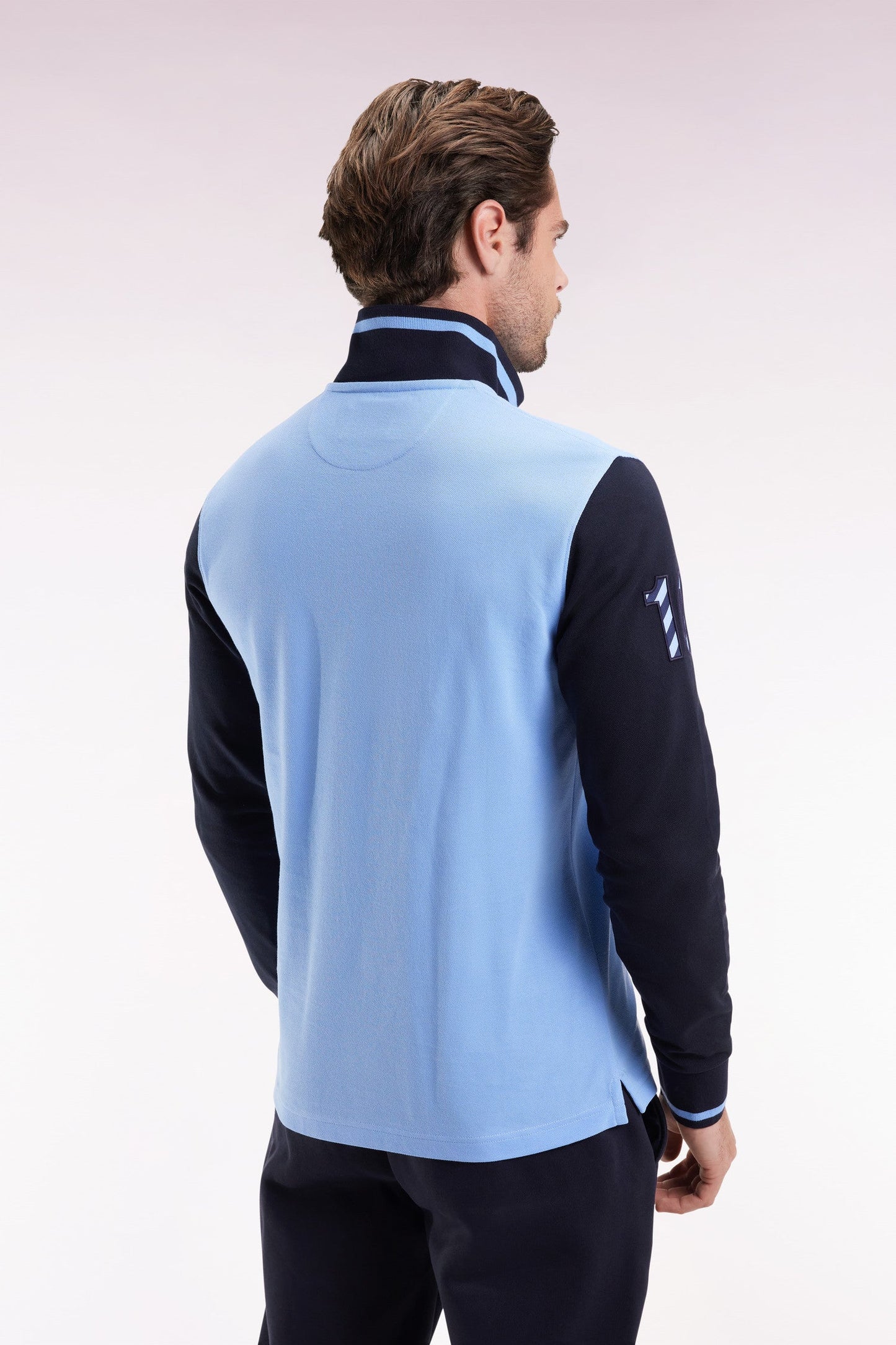 Polo à manches longues en piqué coton bicolore ciel broderie 10
