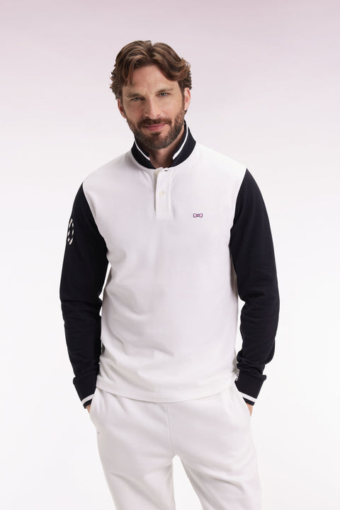 Polo à manches longues en piqué coton bicolore blanc broderie 10 - Image 1