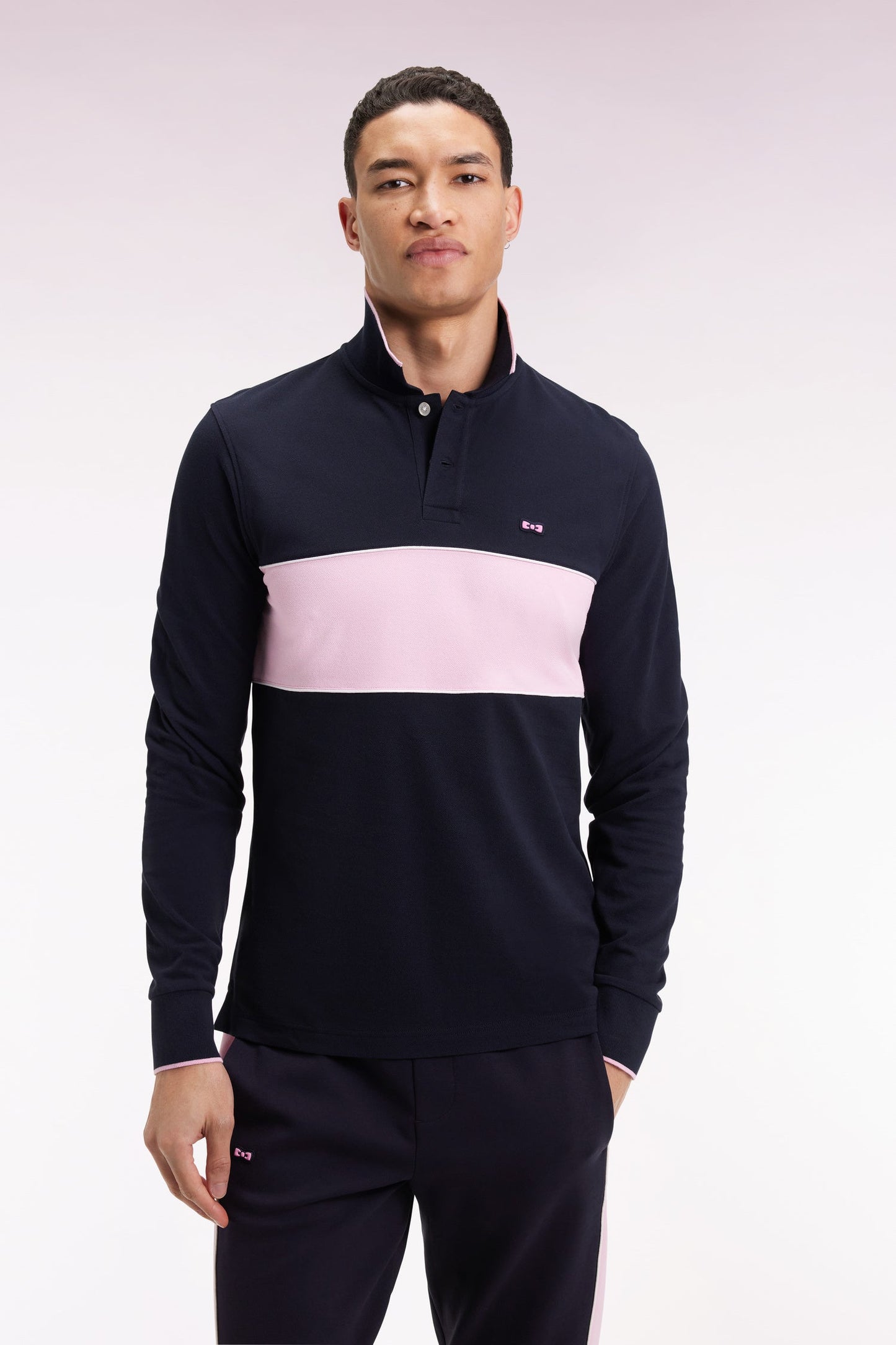 Polo à manches longues en piqué coton marine bande rose