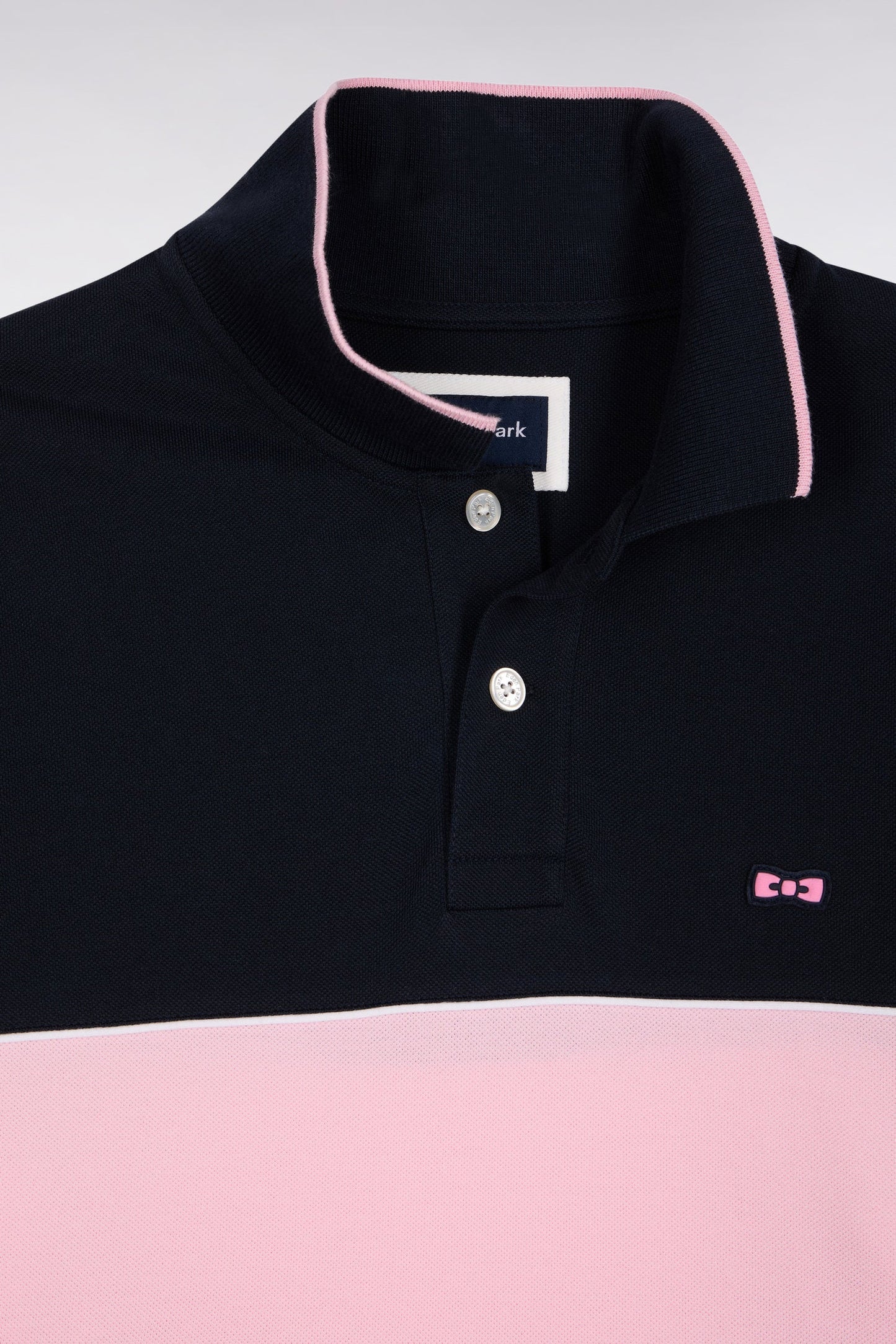 Polo à manches longues en piqué coton marine bande rose