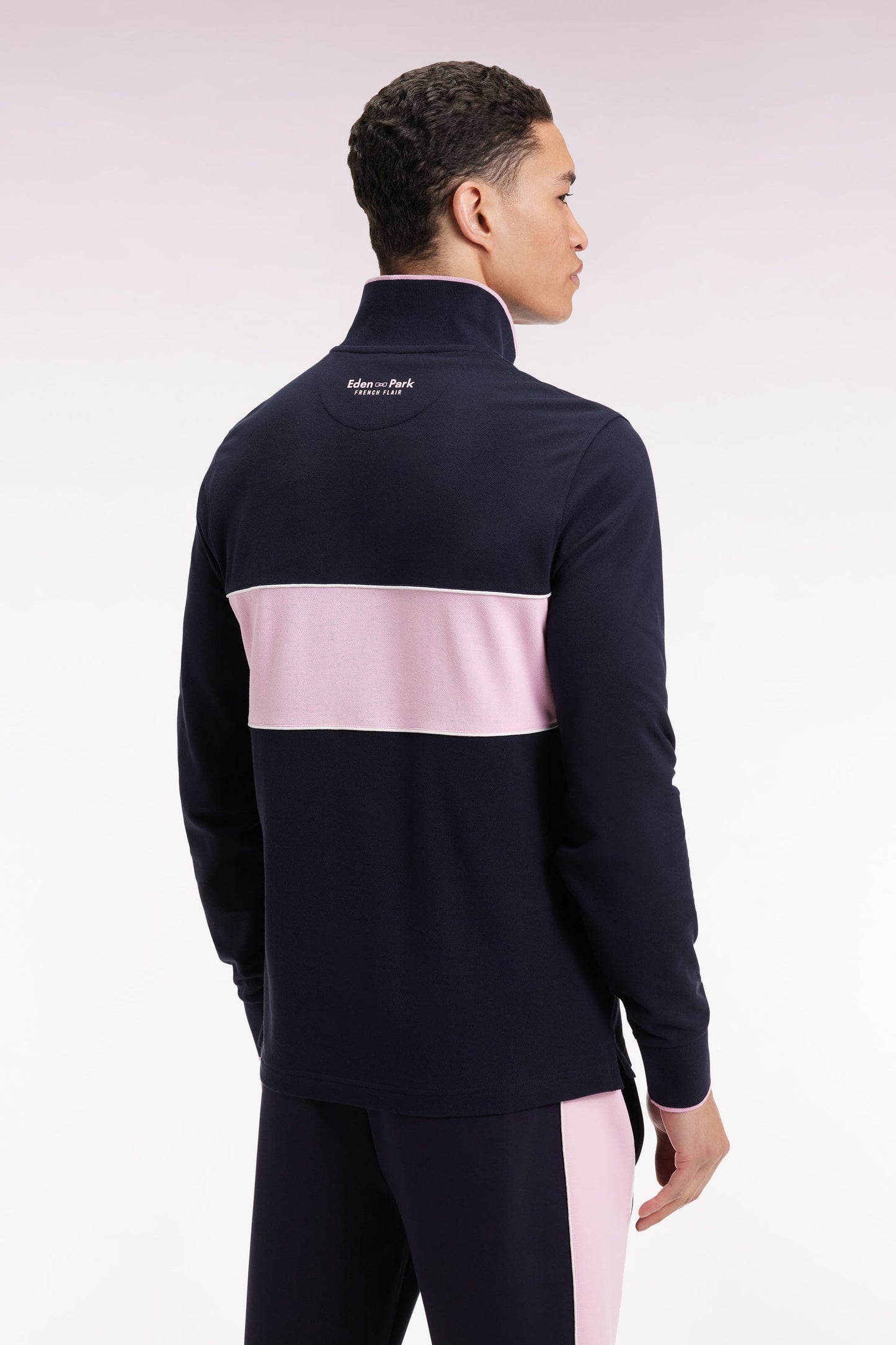 Polo à manches longues en piqué coton marine bande rose