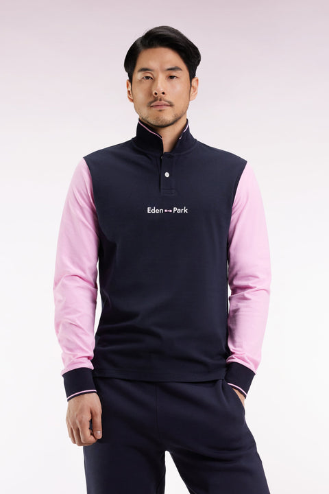 Polo à manches longues en piqué coton bicolore rose logo Eden Park - Image 1