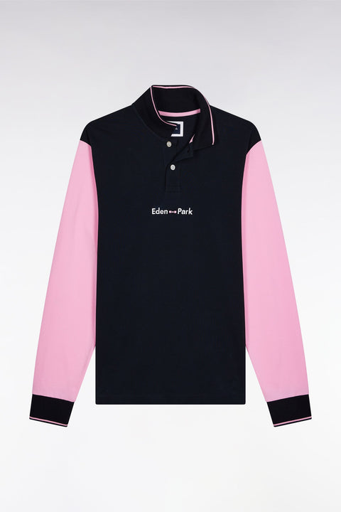 Polo à manches longues en piqué coton bicolore rose logo Eden Park - Image 2