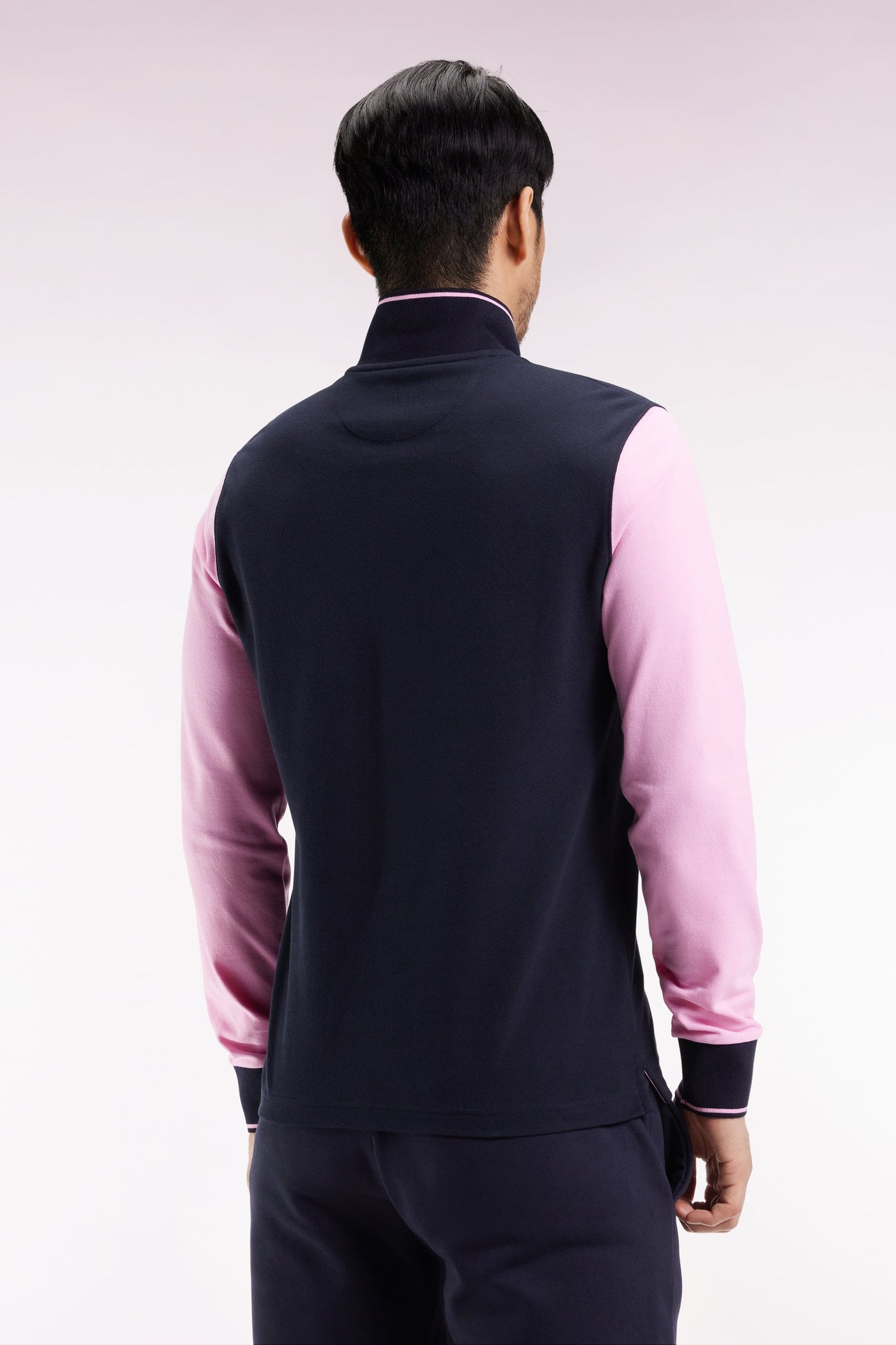 Polo à manches longues en piqué coton bicolore rose logo Eden Park