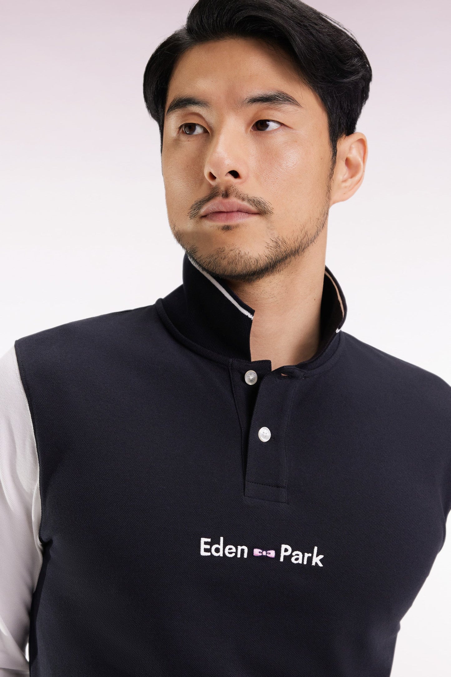 Polo à manches longues en piqué coton bicolore blanc logo Eden Park