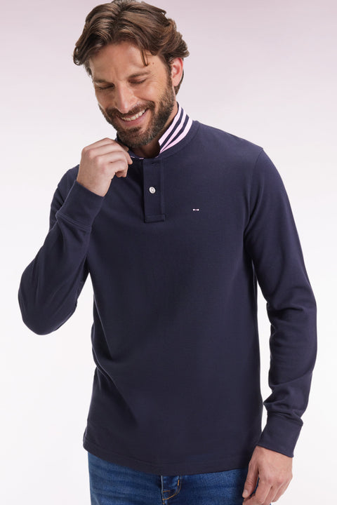 Polo à manches longues en piqué coton marine dessous de col rayé - Image 3