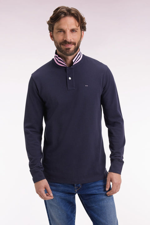 Polo à manches longues en piqué coton marine dessous de col rayé - Image 1