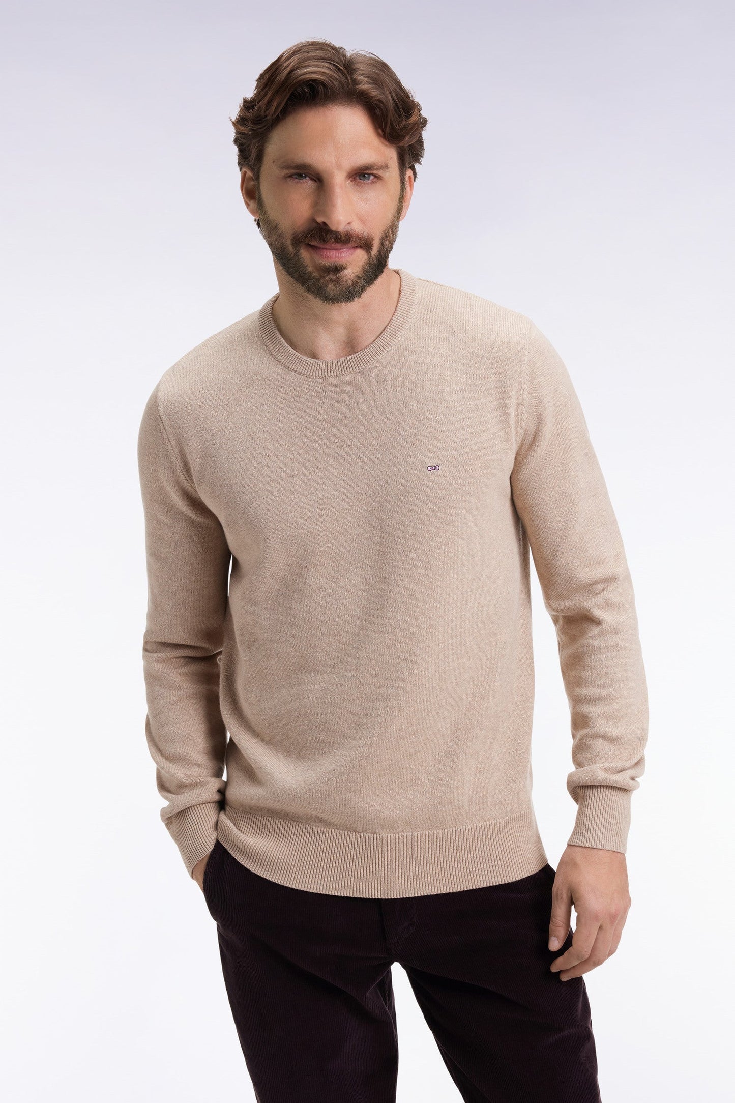 Pull col rond en laine et coton beige