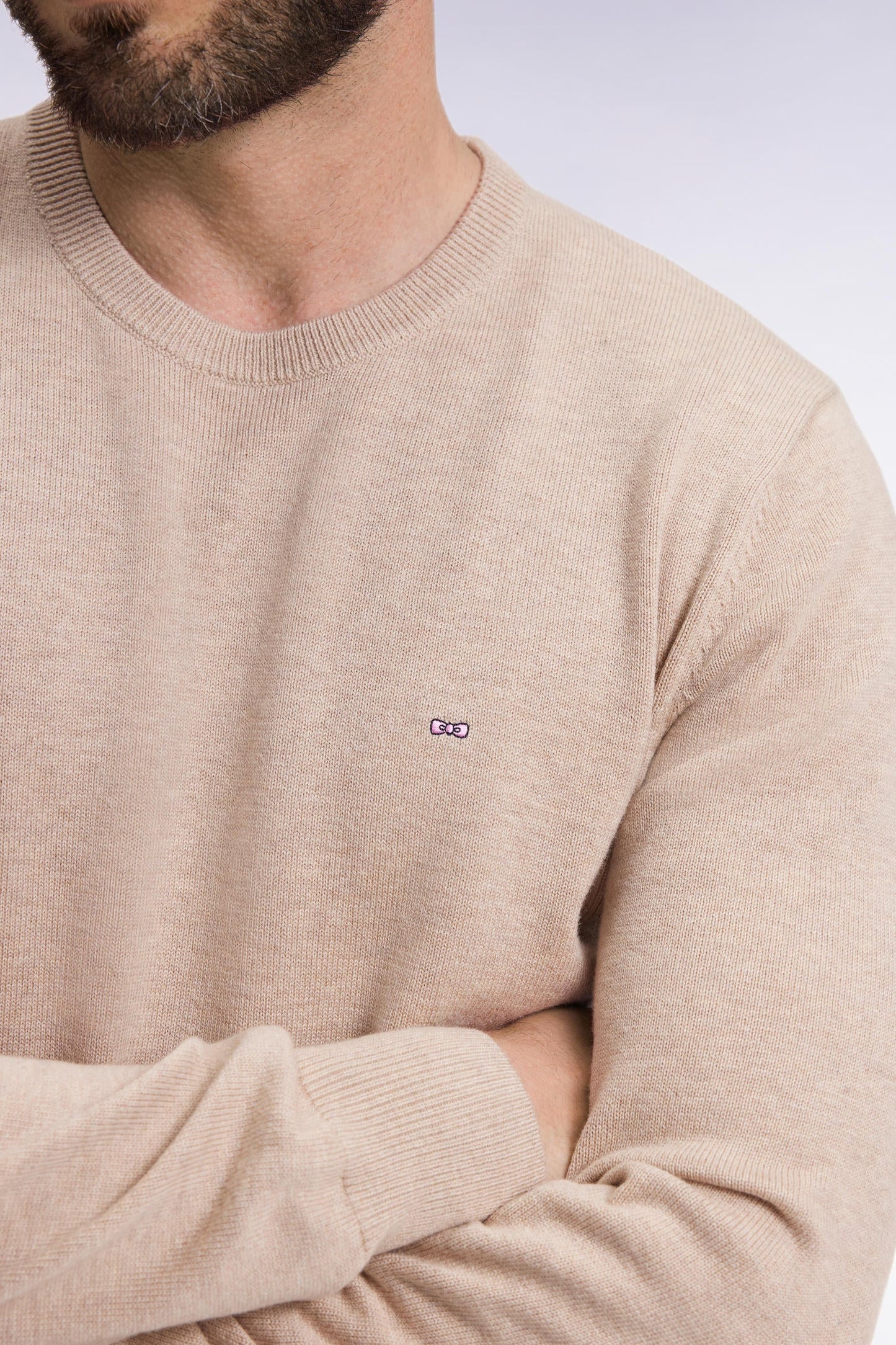 Pull col rond en laine et coton beige