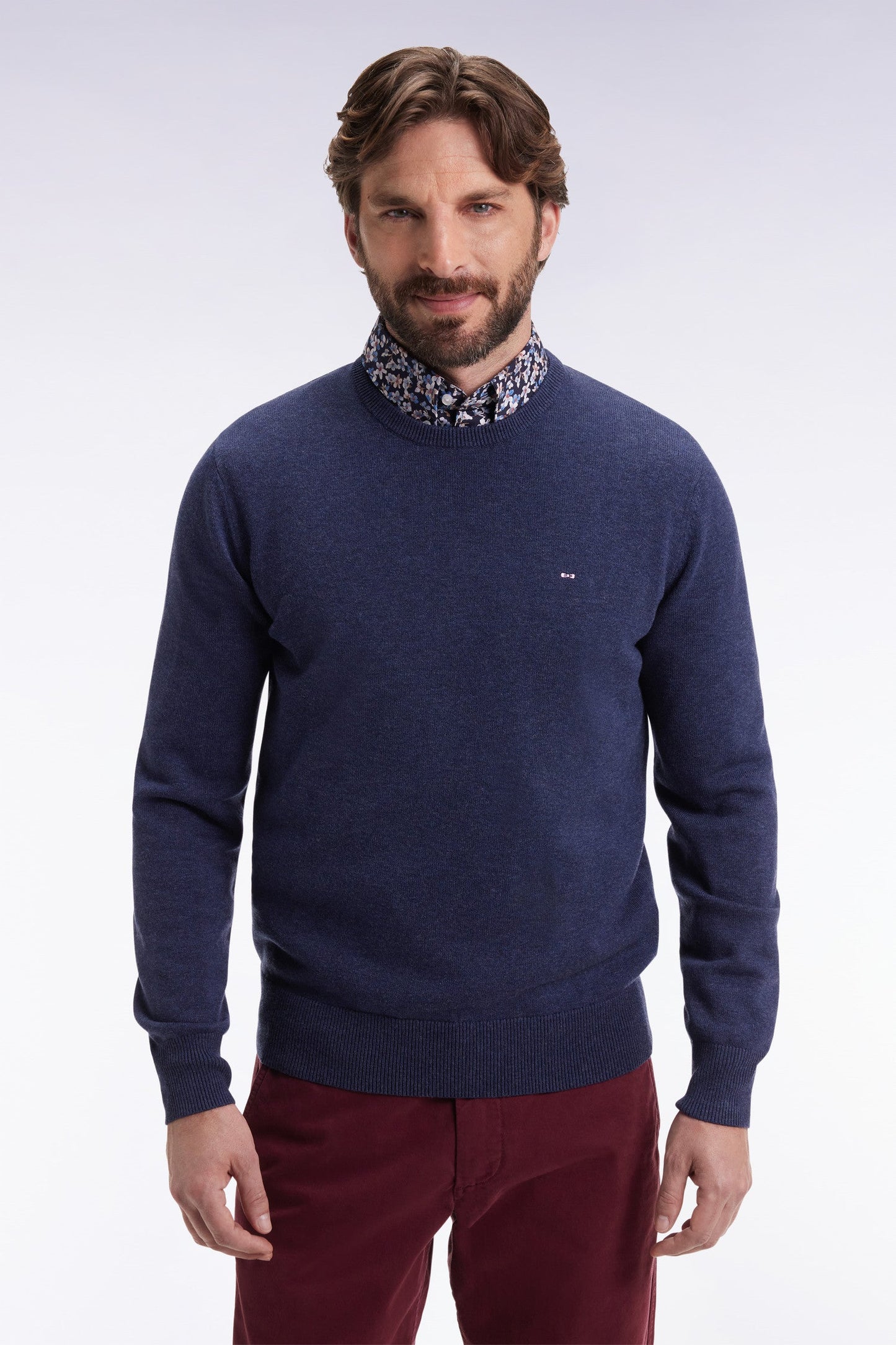 Pull col rond en laine et coton bleu foncé