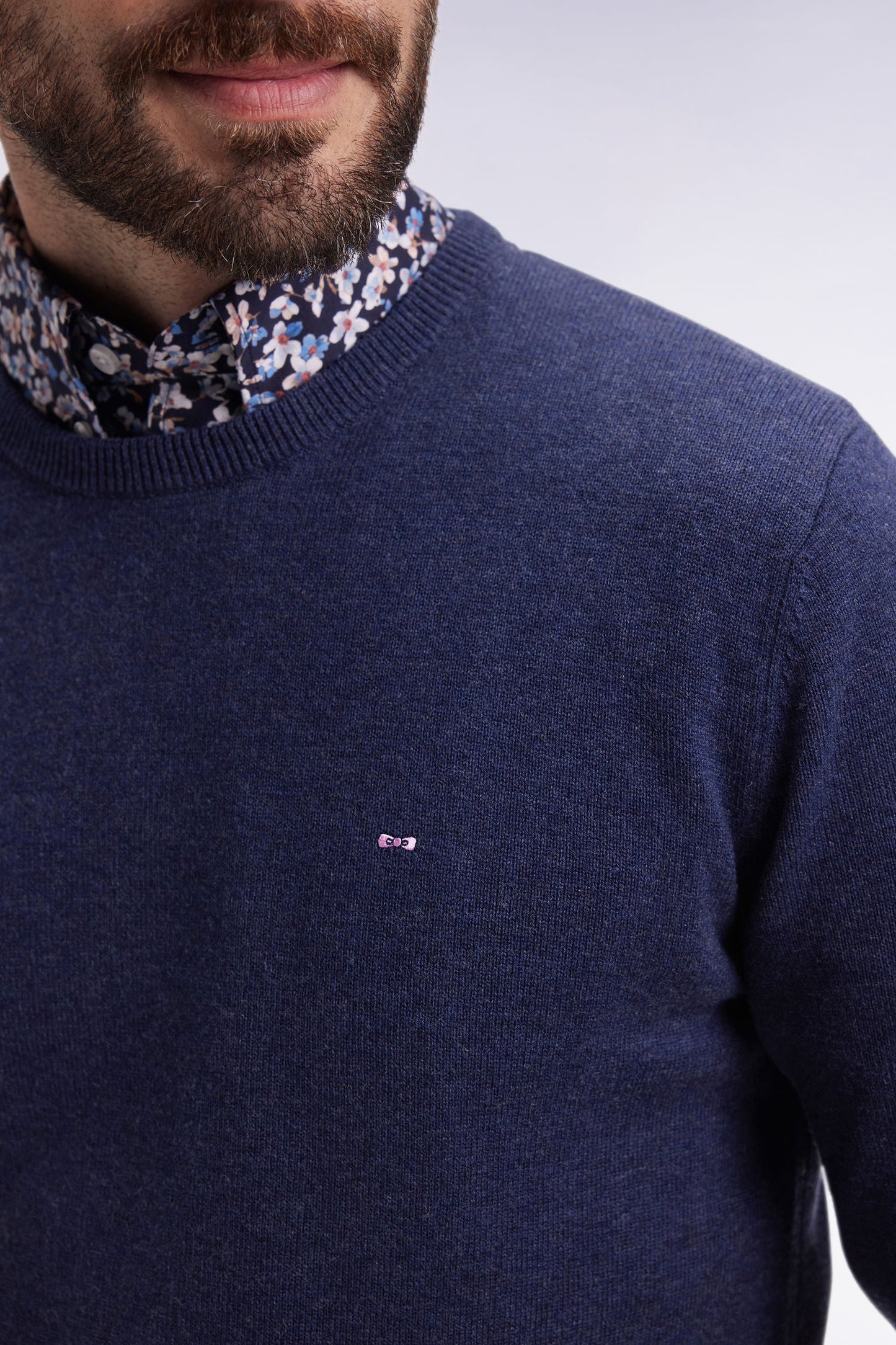 Pull col rond en laine et coton bleu foncé
