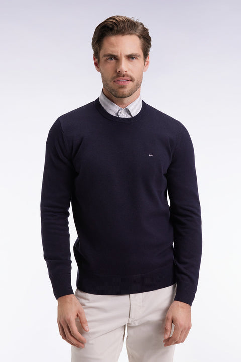 Pull col rond en laine et coton marine - Image 1