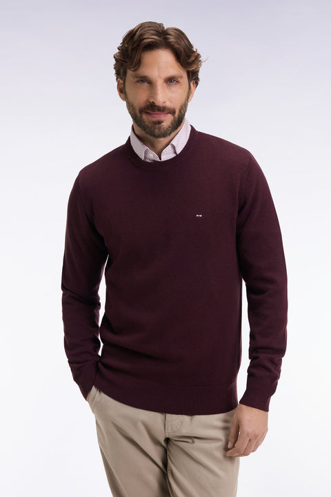 Pull col rond en laine et coton bordeaux - Image 1