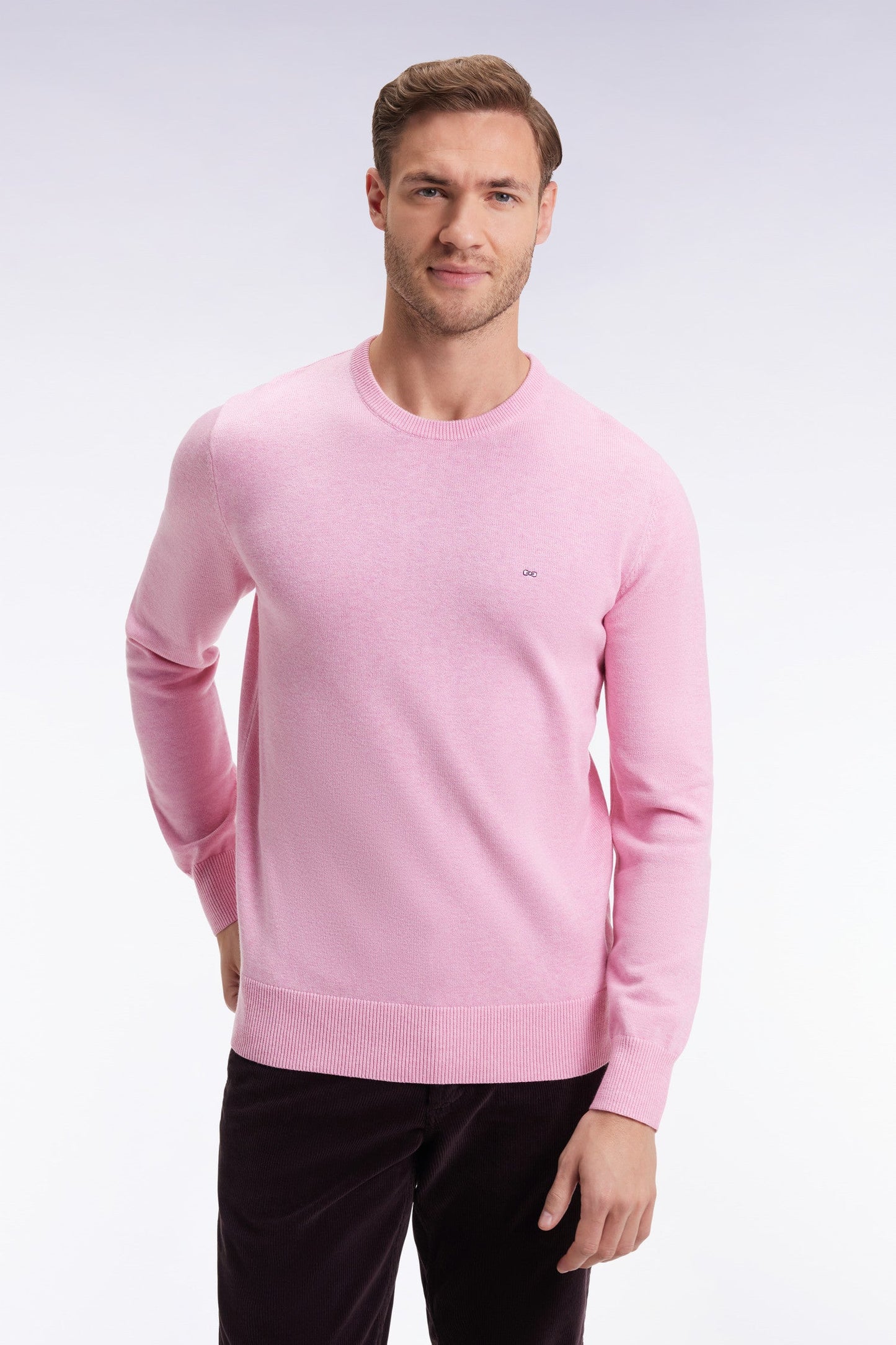 Pull col rond en laine et coton rose