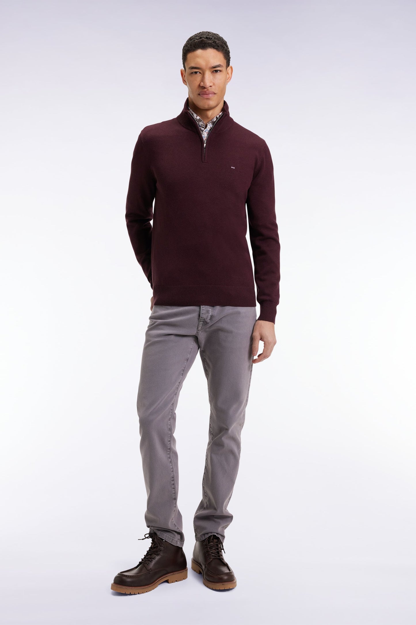 Pull col camionneur en laine et coton bordeaux