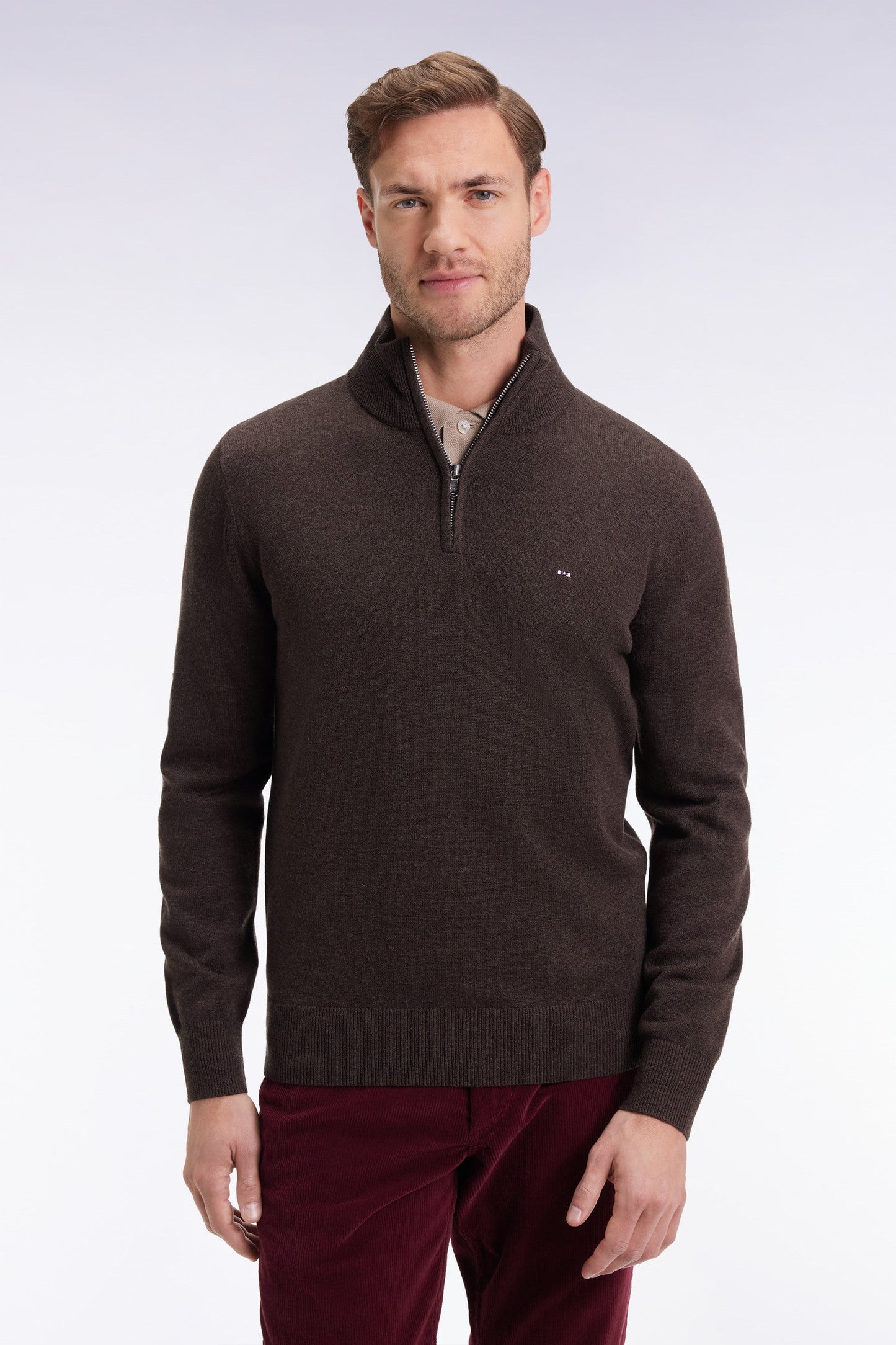 Pull col camionneur en laine et coton marron