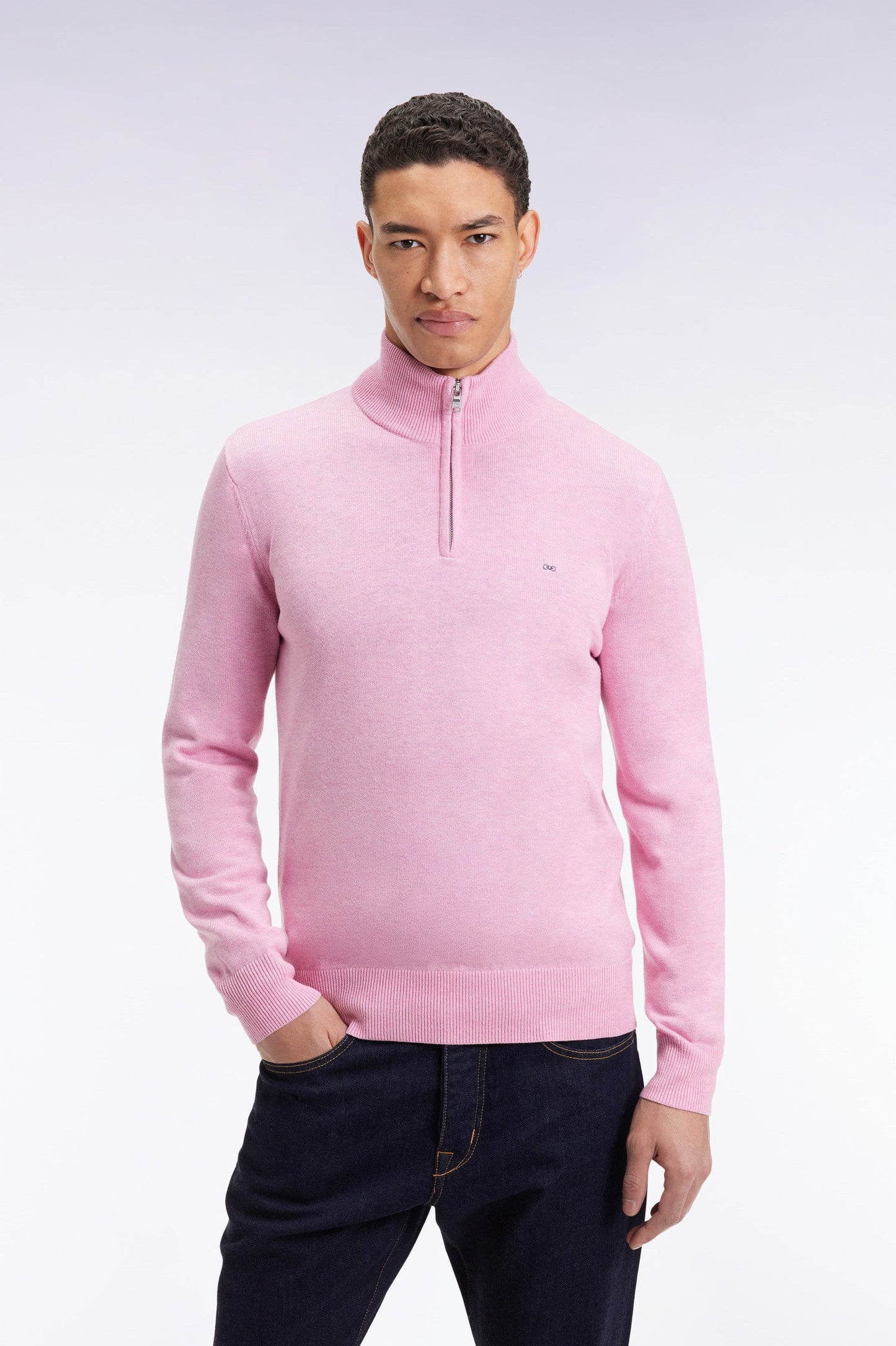 Pull col camionneur en laine et coton rose