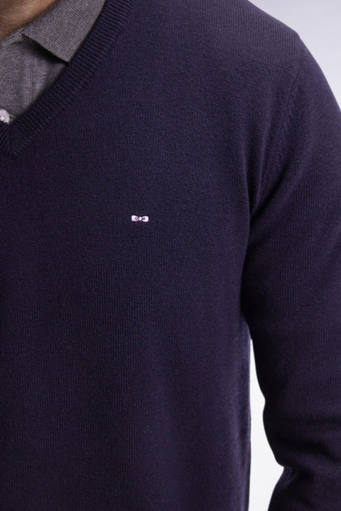 Pull col V en laine et coton bleu foncé - Image 3