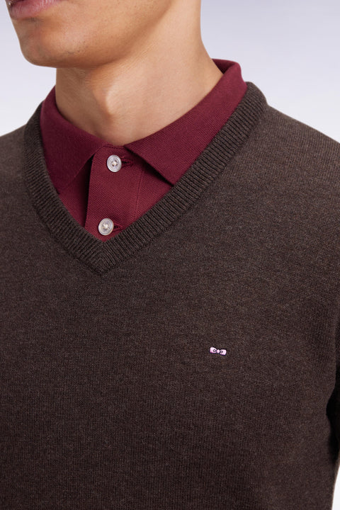 Pull col V en laine et coton marron foncé - Image 3