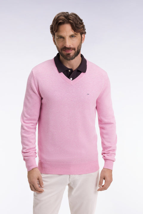 Pull col V en laine et coton rose - Image 1