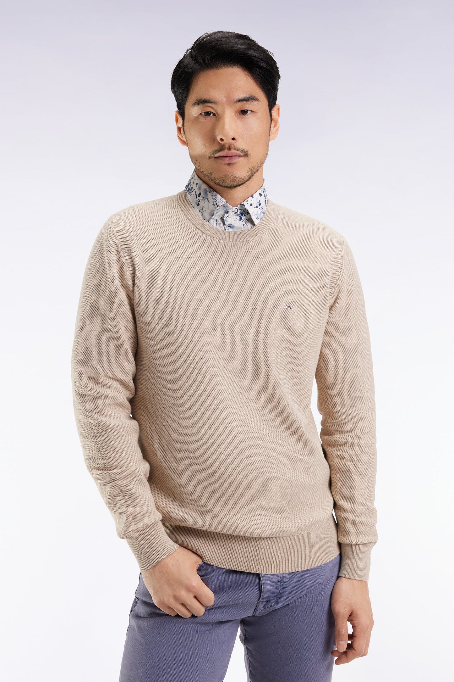 Pull col rond en coton nid d'abeille beige