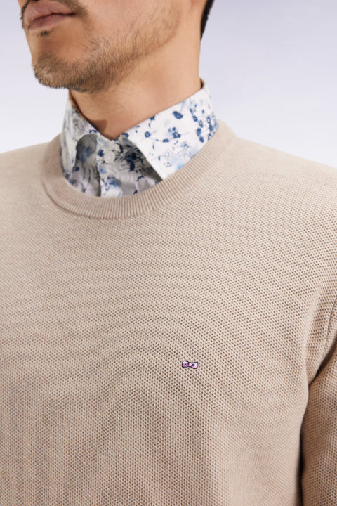 Pull col rond en coton nid d'abeille beige - Image 2