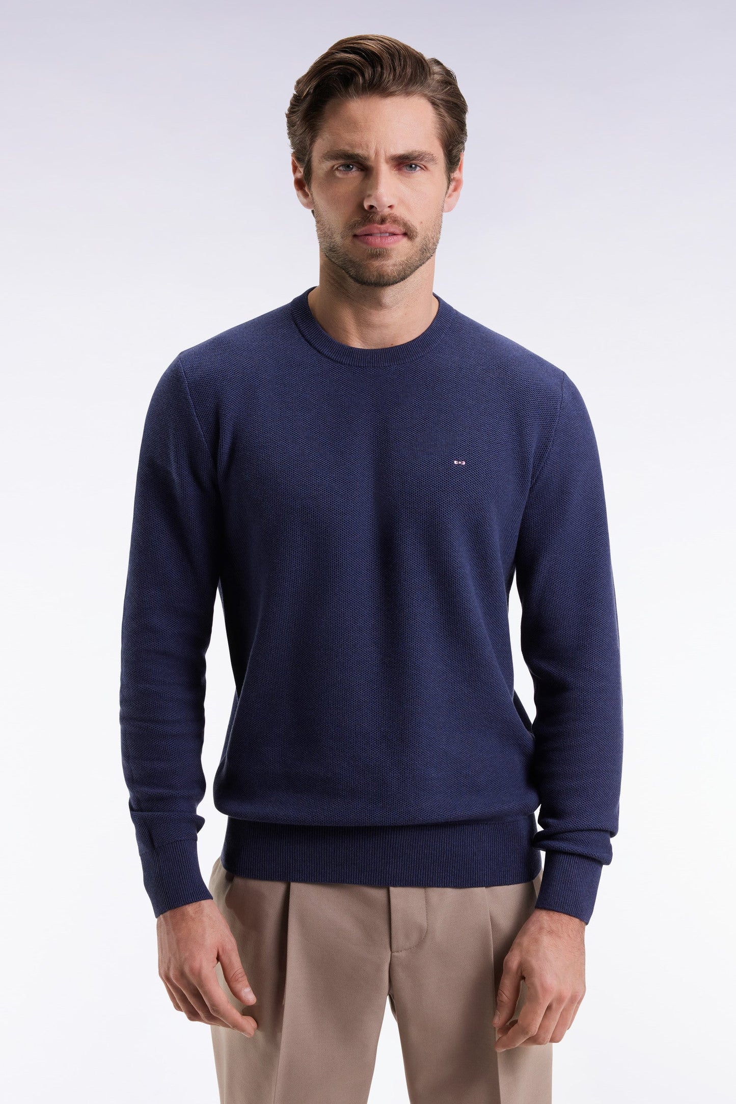 Pull col rond en coton nid d'abeille marine