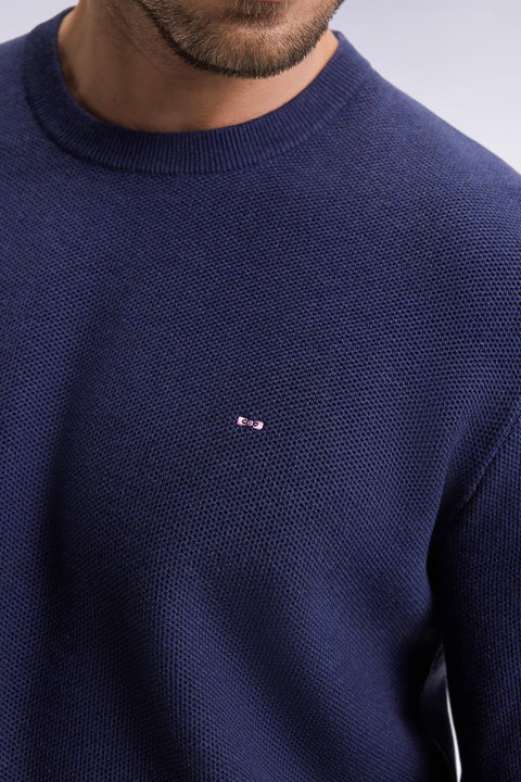 Pull col rond en coton nid d'abeille marine - Image 3