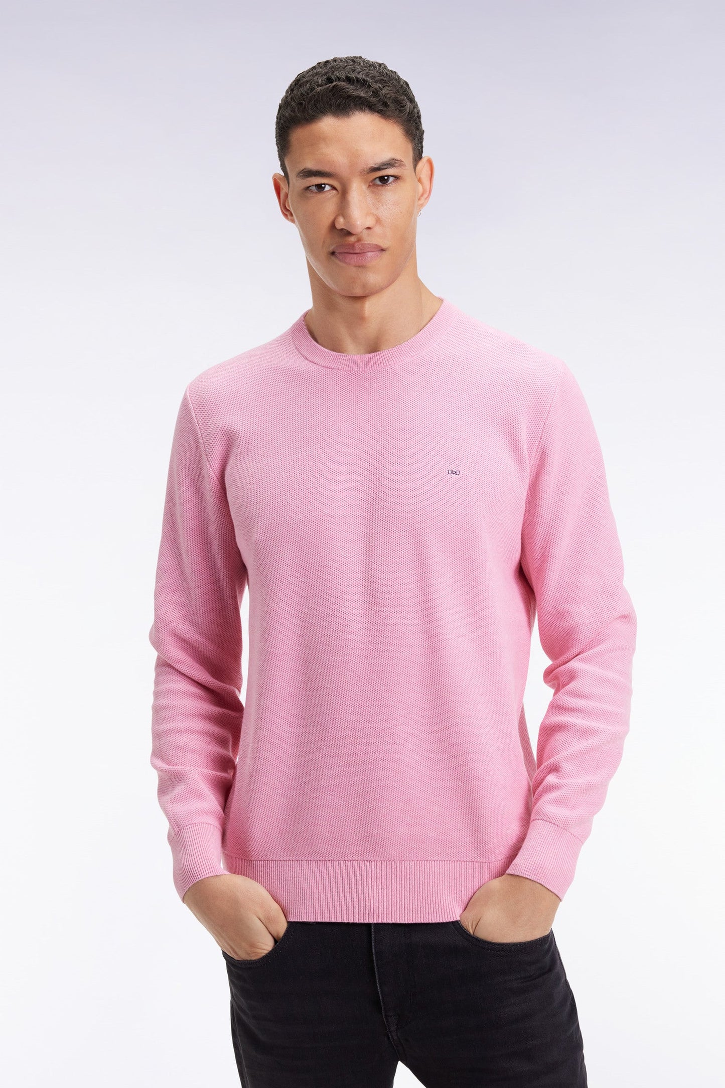 Pull col rond en coton nid d'abeille rose