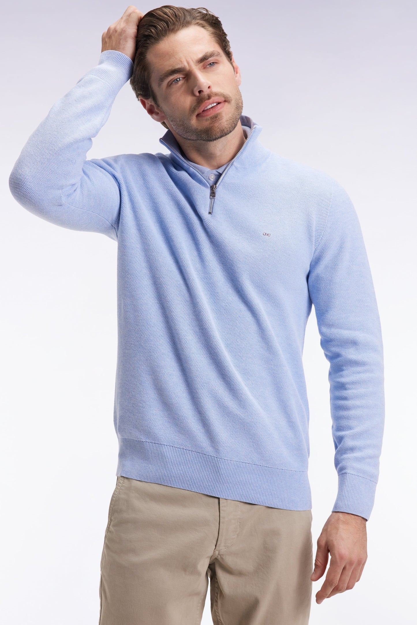 Pull col camionneur en coton nid d'abeille ciel