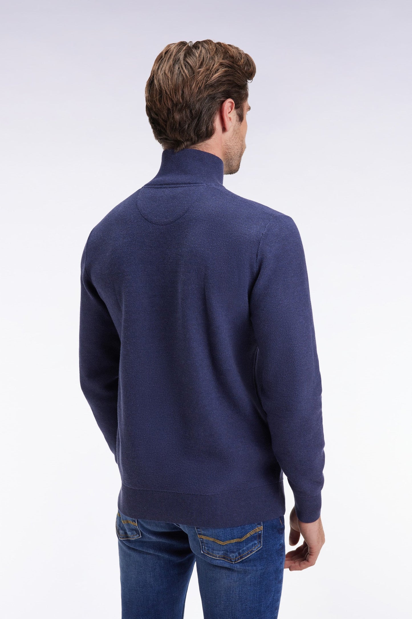 Pull col camionneur en coton nid d'abeille marine