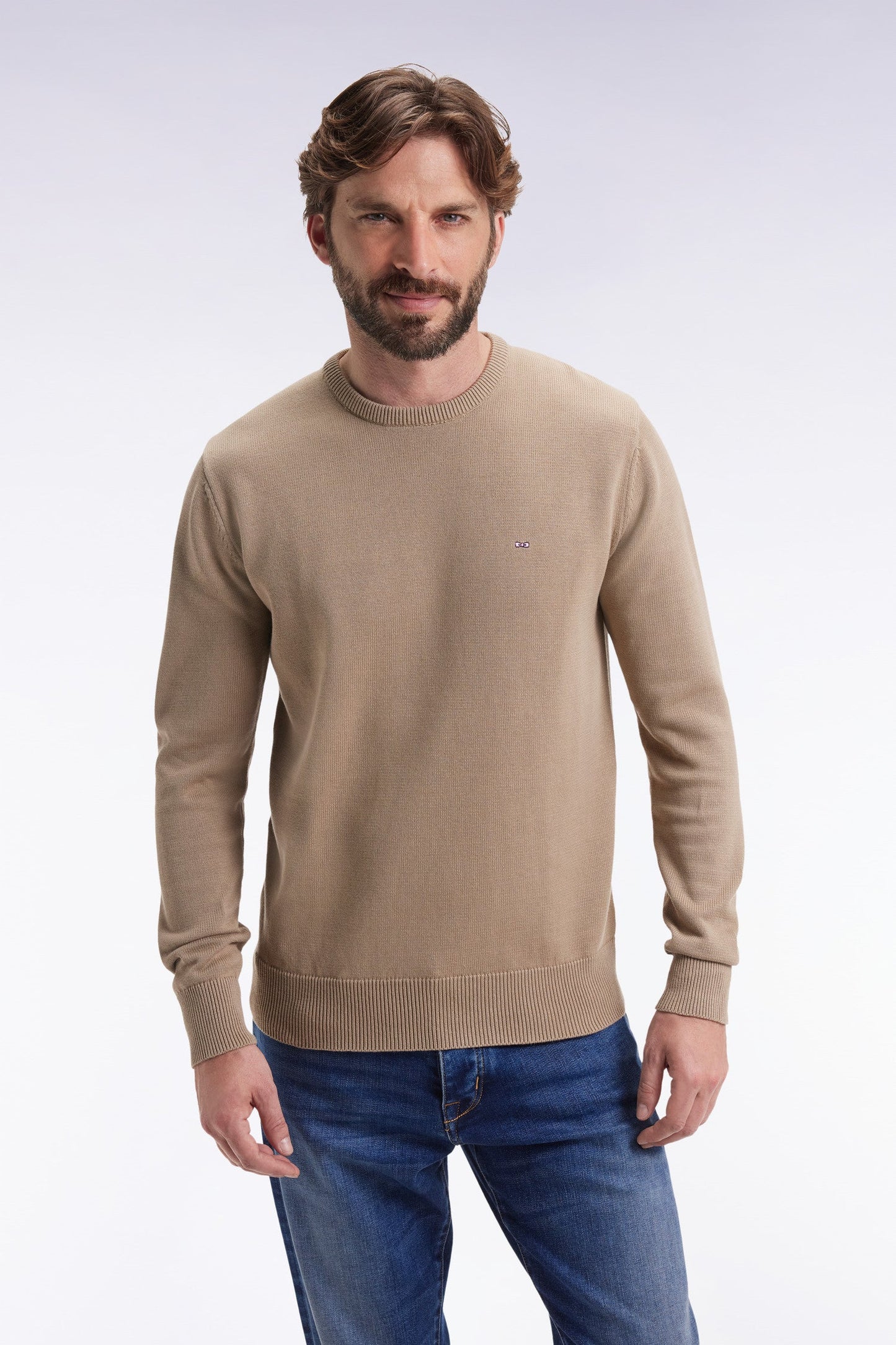Pull col rond en coton épais beige