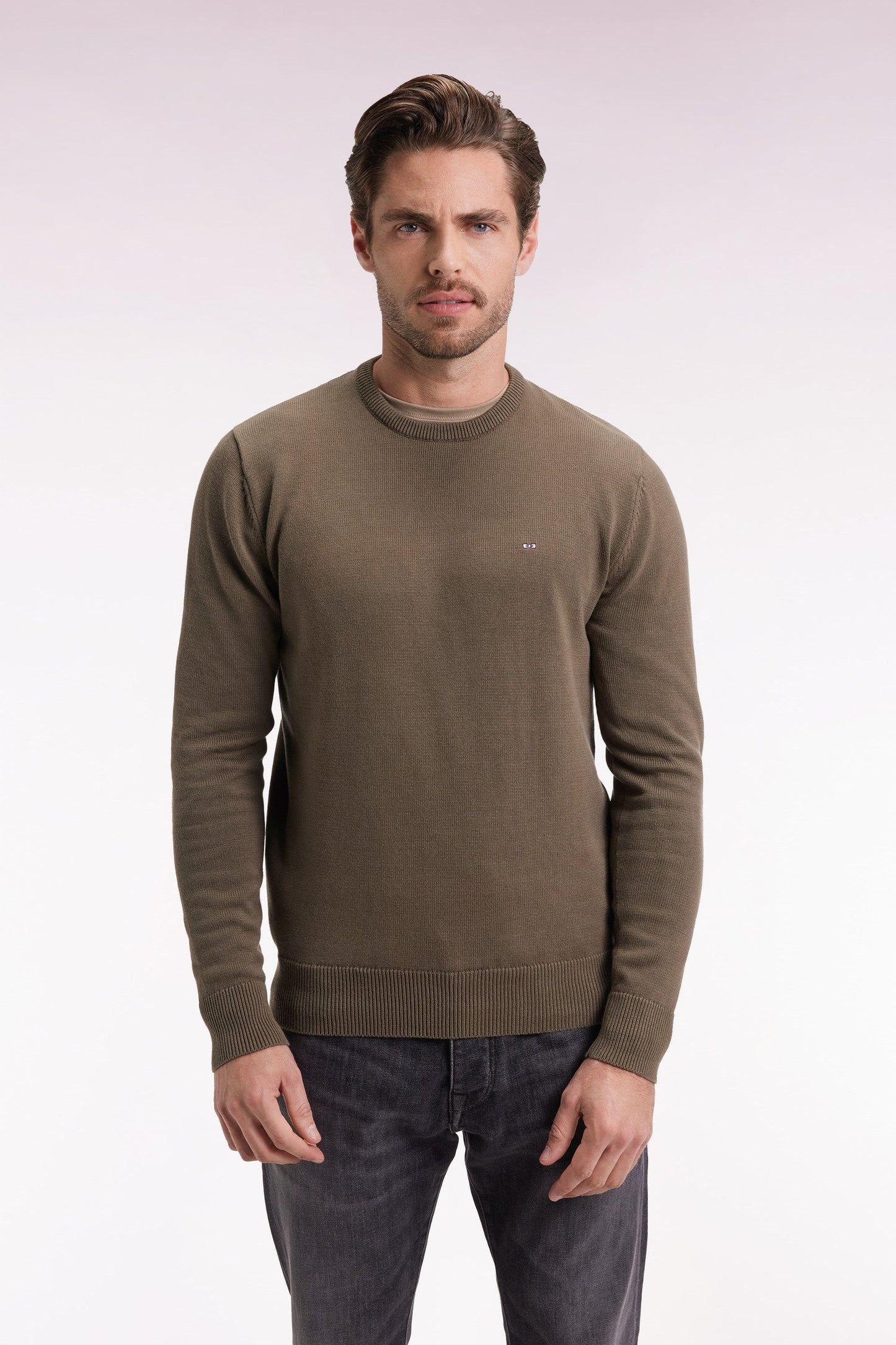 Pull col rond en coton épais kaki
