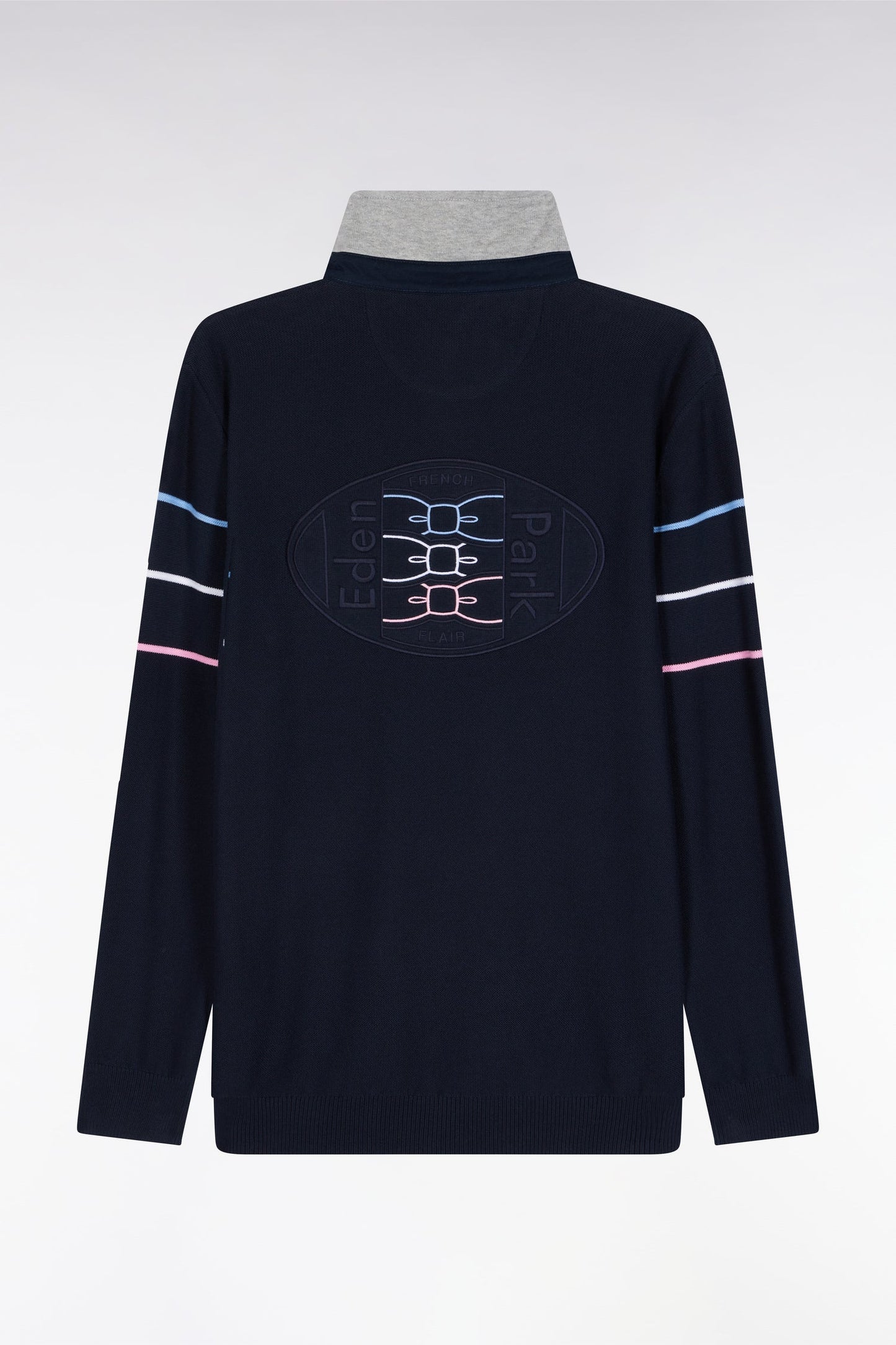Pull col maillot en coton marine dos brodé