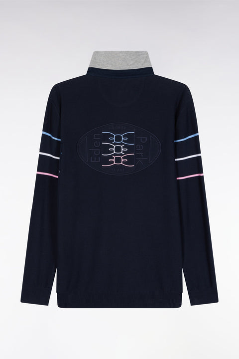 Pull col maillot en coton marine dos brodé - Image 2