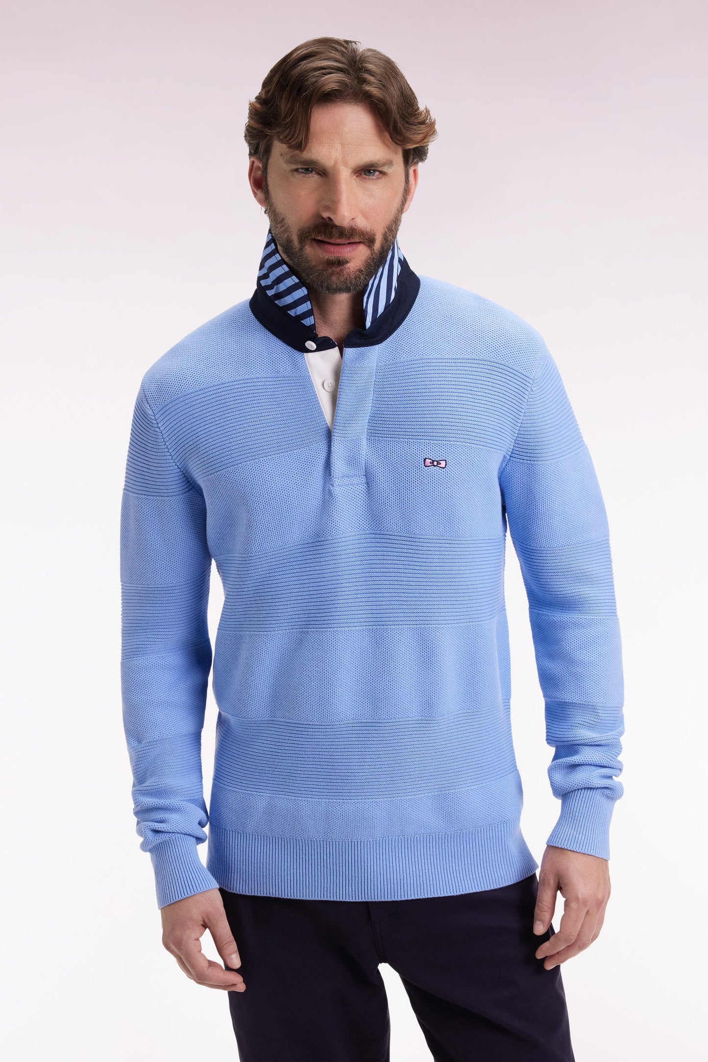 Pull col maillot en coton ciel à effet de rayure