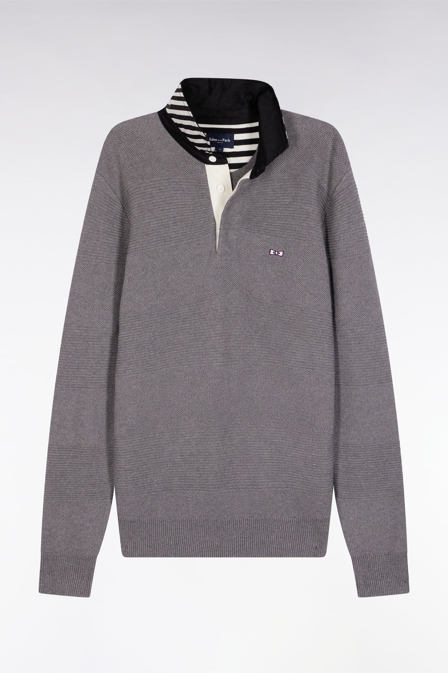 Pull col maillot en coton gris à effet de rayure