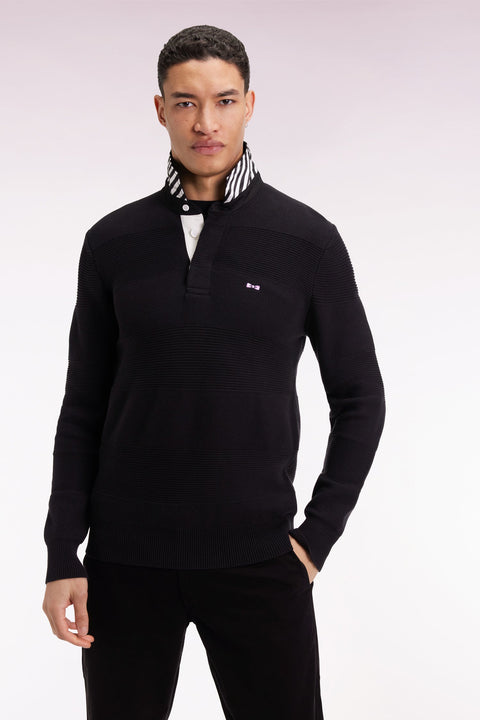 Pull col maillot en coton noir à effet de rayure - Image 1