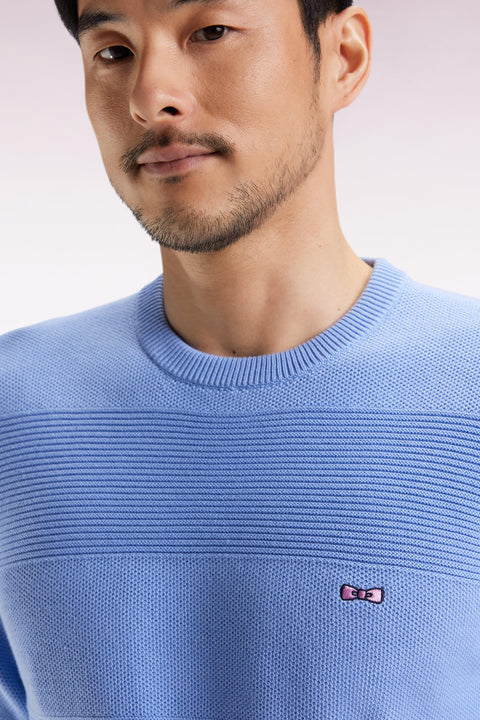 Pull col rond en coton ciel à effet de rayure - Image 3
