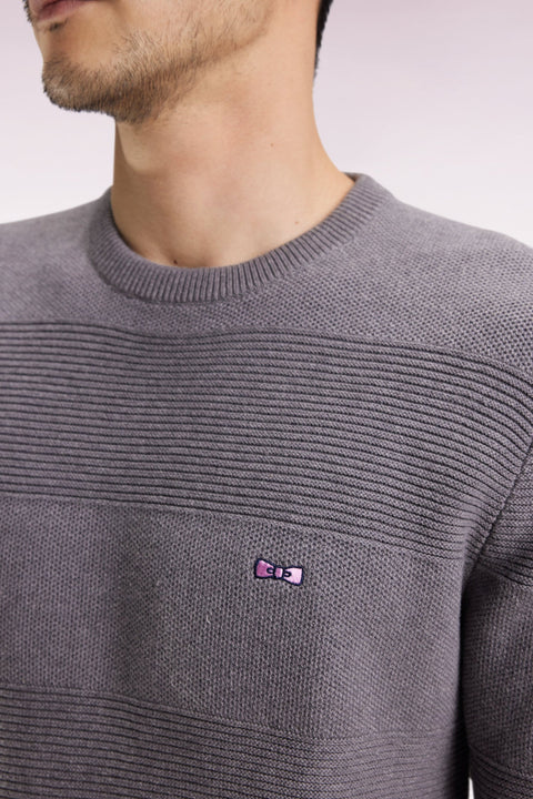 Pull col rond en coton gris à effet de rayure - Image 3