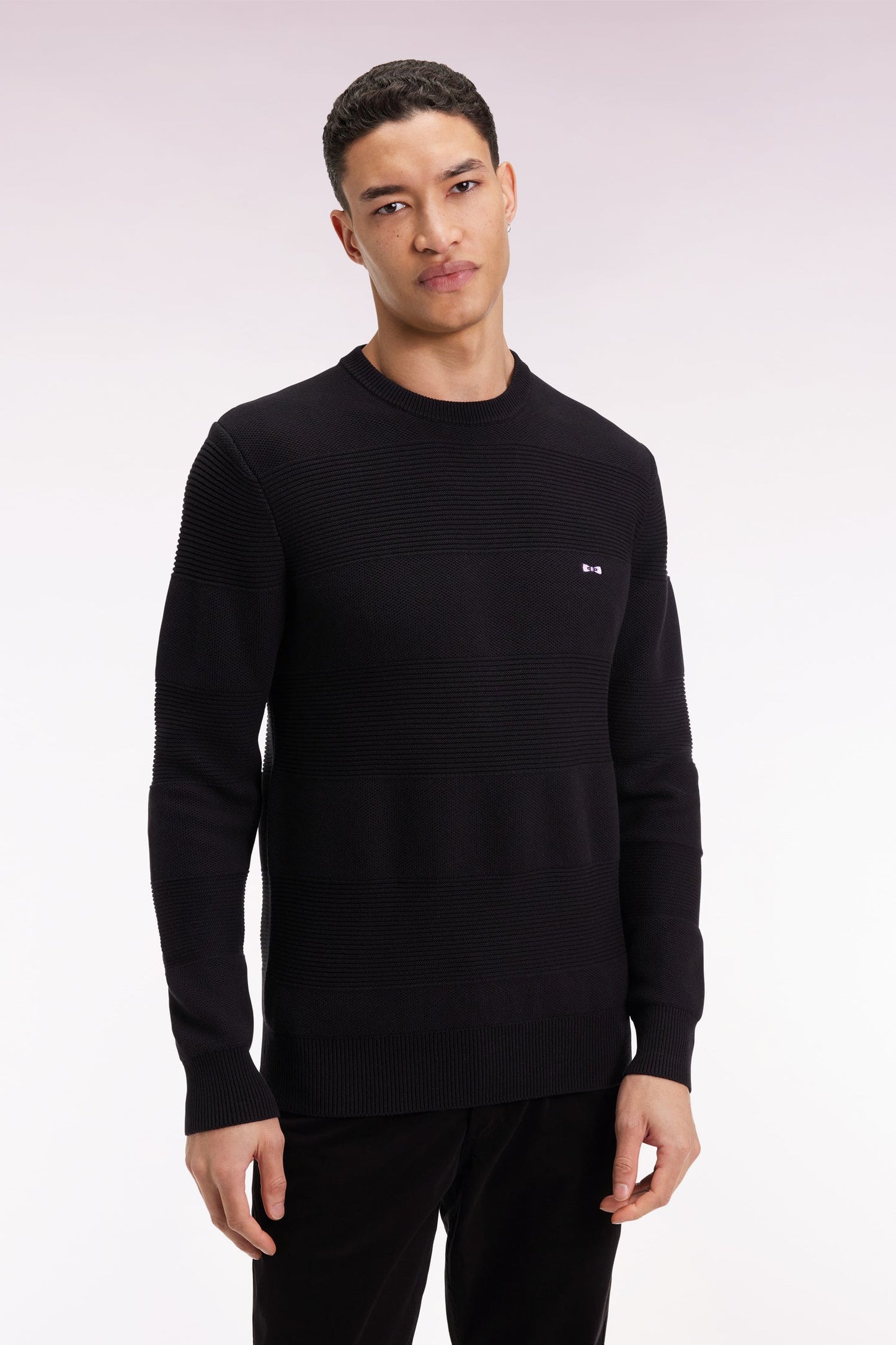 Pull col rond en coton noir à effet de rayure