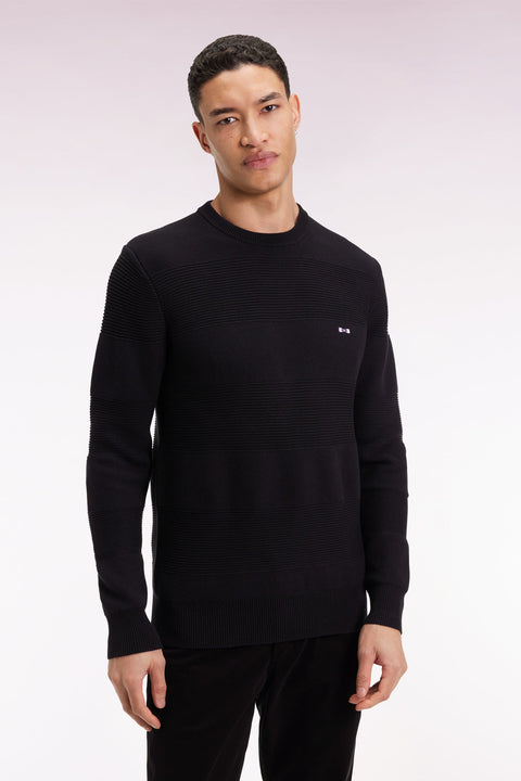 Pull col rond en coton noir à effet de rayure - Image 1
