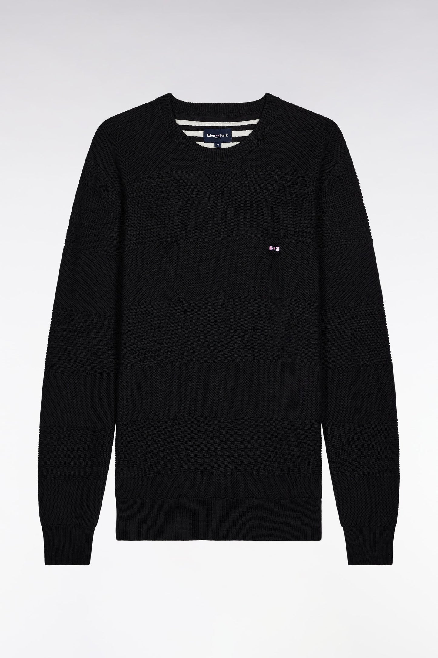 Pull col rond en coton noir à effet de rayure